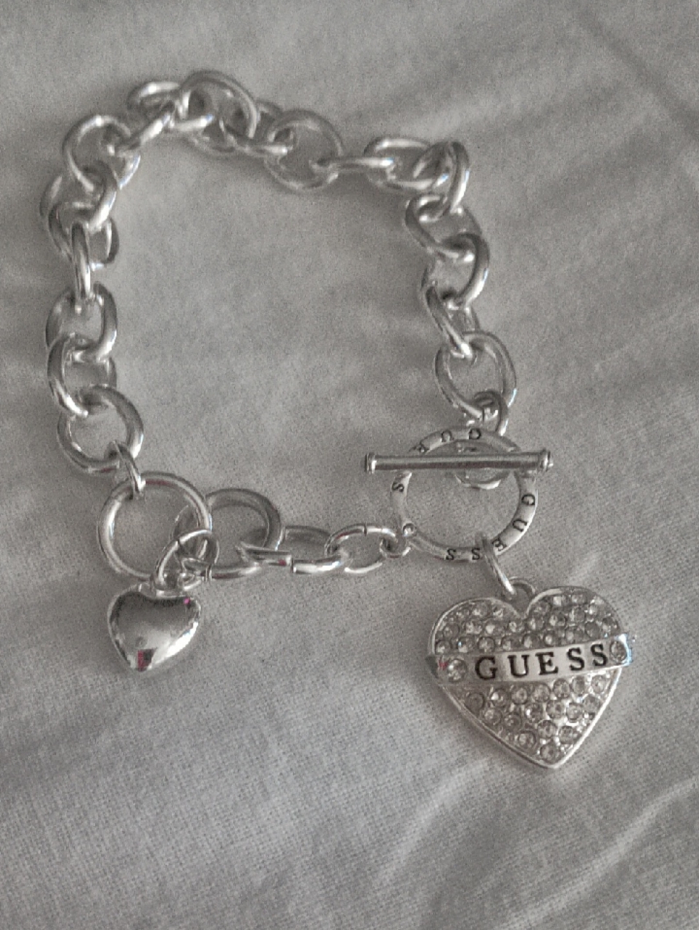 Guess Silver-Tone Pavé Heart Charm Bracelet